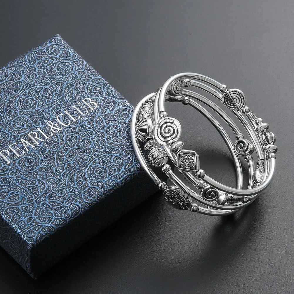 Beaded Pearl Bangle Wrap Bracelet - Fashion Bohemian Jewelry Multilayer Charm Bracelet with Thick Silver Metal Beads, Gift For Women