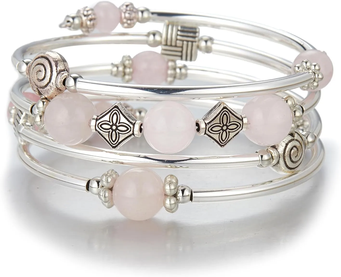 Beaded Pearl Bangle Wrap Bracelet - Fashion Bohemian Jewelry Multilayer Charm Bracelet with Thick Silver Metal Beads, Gift For Women