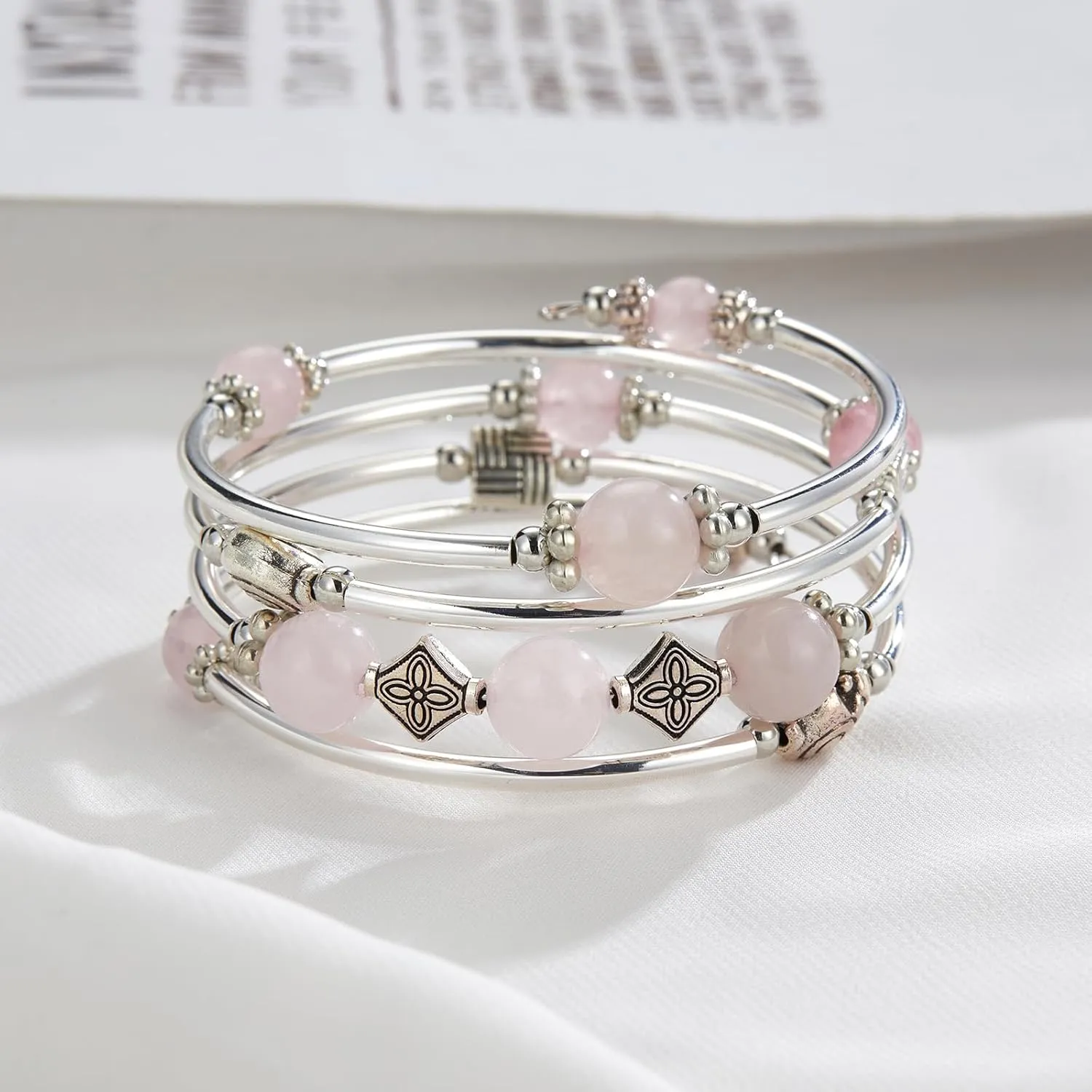 Beaded Pearl Bangle Wrap Bracelet - Fashion Bohemian Jewelry Multilayer Charm Bracelet with Thick Silver Metal Beads, Gift For Women