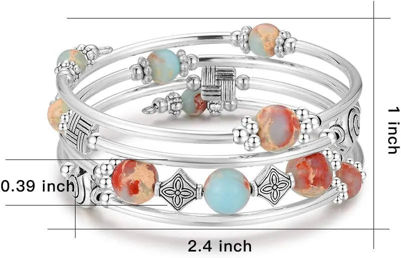 Beaded Pearl Bangle Wrap Bracelet - Fashion Bohemian Jewelry Multilayer Charm Bracelet with Thick Silver Metal Beads, Gift For Women