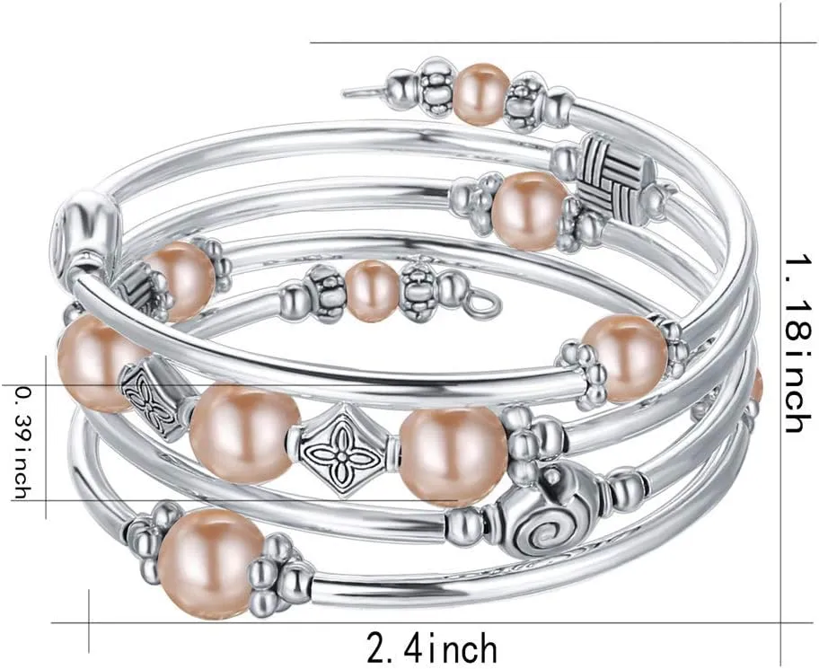 Beaded Pearl Bangle Wrap Bracelet - Fashion Bohemian Jewelry Multilayer Charm Bracelet with Thick Silver Metal Beads, Gift For Women