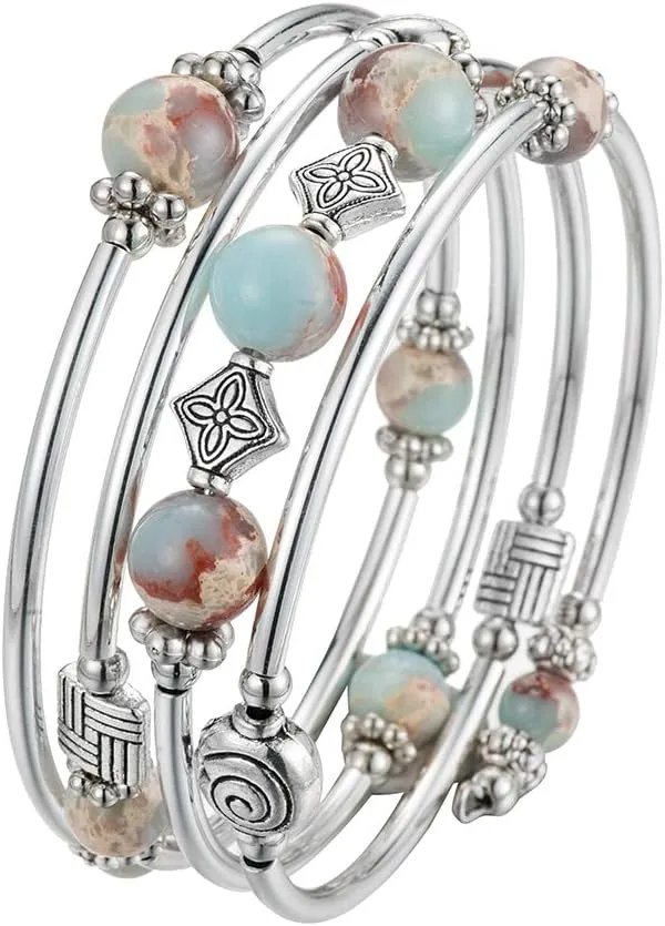 Beaded Pearl Bangle Wrap Bracelet - Fashion Bohemian Jewelry Multilayer Charm Bracelet with Thick Silver Metal Beads, Gift For Women