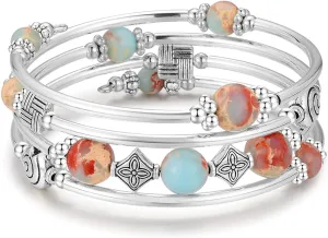 Beaded Pearl Bangle Wrap Bracelet - Fashion Bohemian Jewelry Multilayer Charm Bracelet with Thick Silver Metal Beads, Gift For Women