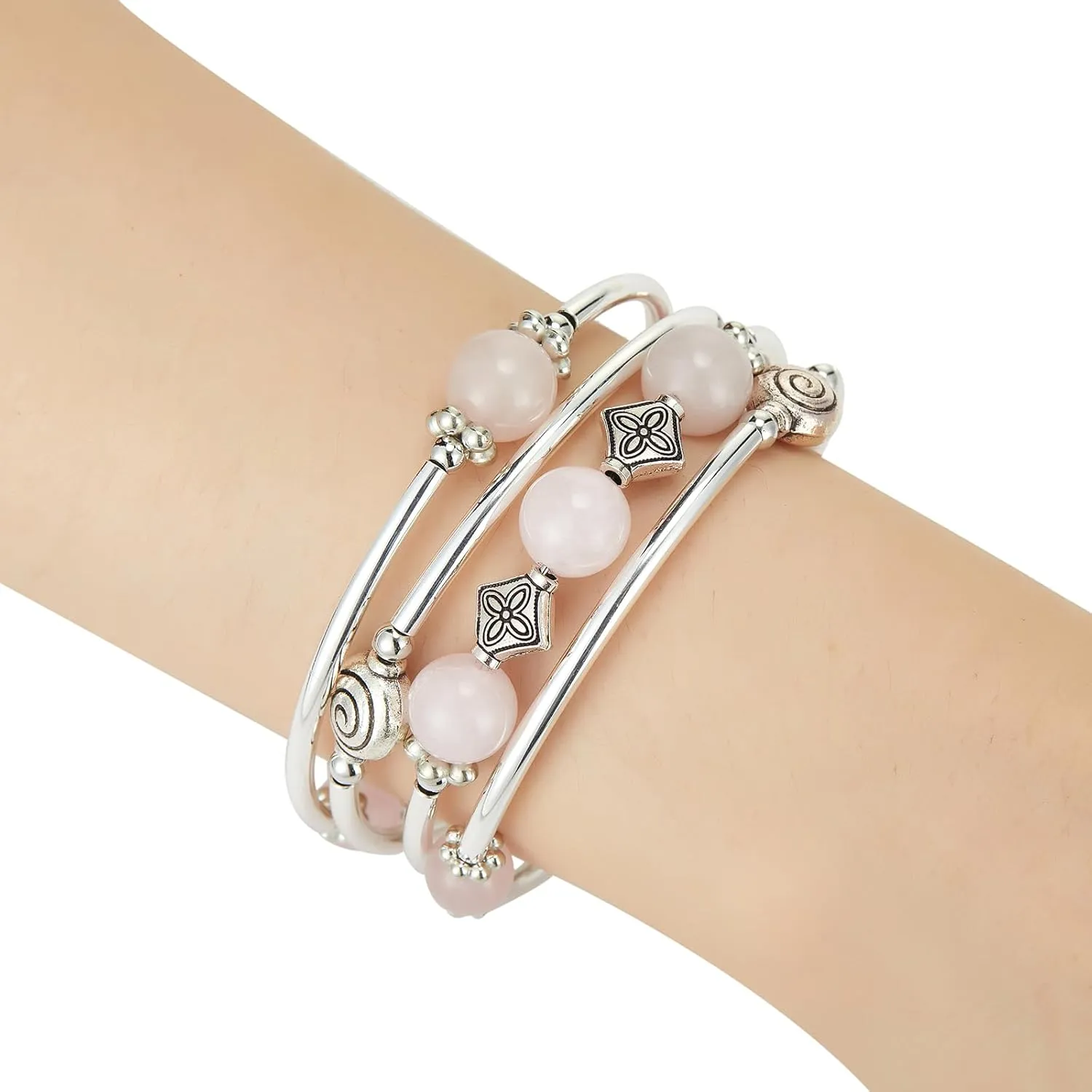 Beaded Pearl Bangle Wrap Bracelet - Fashion Bohemian Jewelry Multilayer Charm Bracelet with Thick Silver Metal Beads, Gift For Women