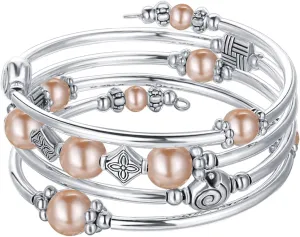 Beaded Pearl Bangle Wrap Bracelet - Fashion Bohemian Jewelry Multilayer Charm Bracelet with Thick Silver Metal Beads, Gift For Women