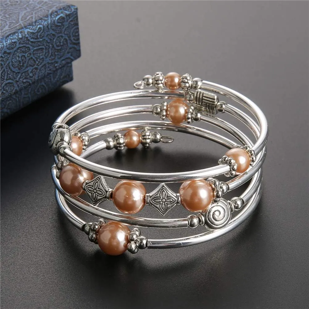 Beaded Pearl Bangle Wrap Bracelet - Fashion Bohemian Jewelry Multilayer Charm Bracelet with Thick Silver Metal Beads, Gift For Women