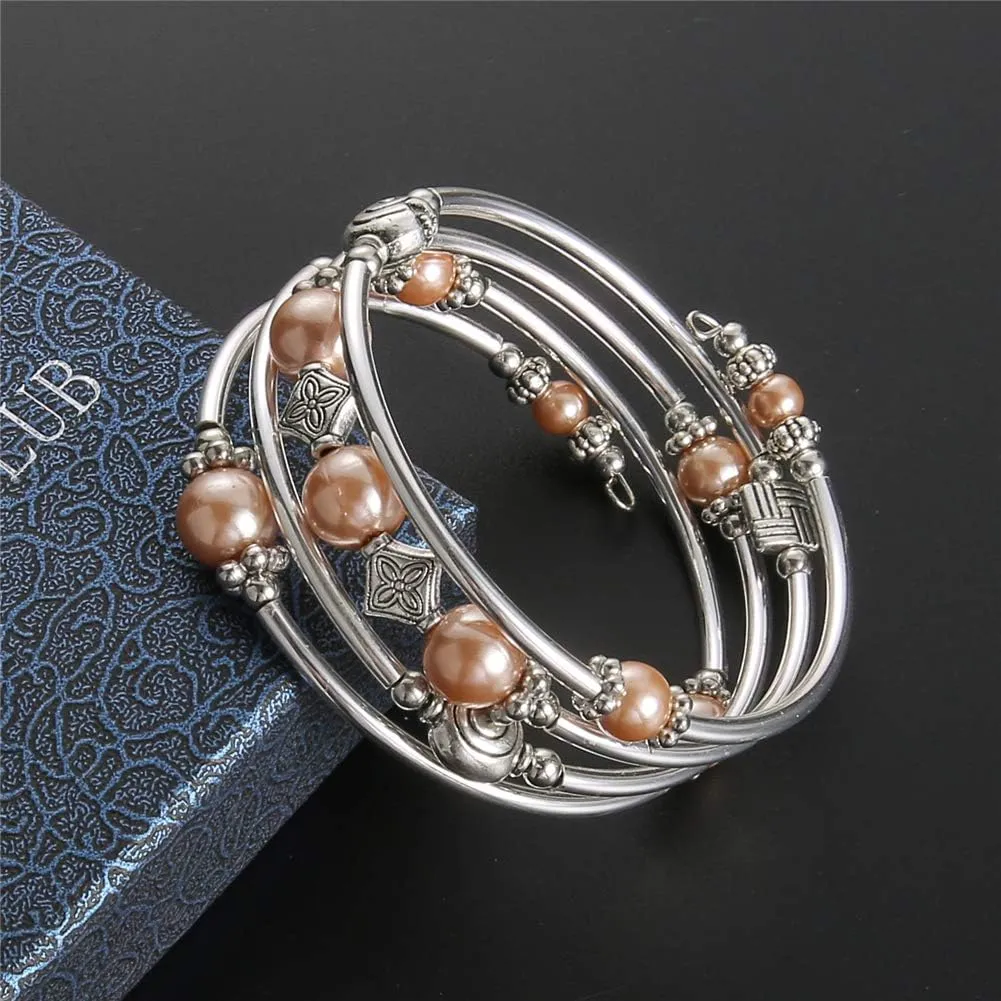Beaded Pearl Bangle Wrap Bracelet - Fashion Bohemian Jewelry Multilayer Charm Bracelet with Thick Silver Metal Beads, Gift For Women