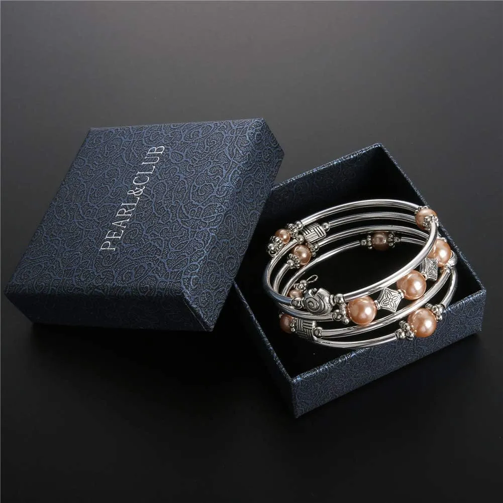 Beaded Pearl Bangle Wrap Bracelet - Fashion Bohemian Jewelry Multilayer Charm Bracelet with Thick Silver Metal Beads, Gift For Women
