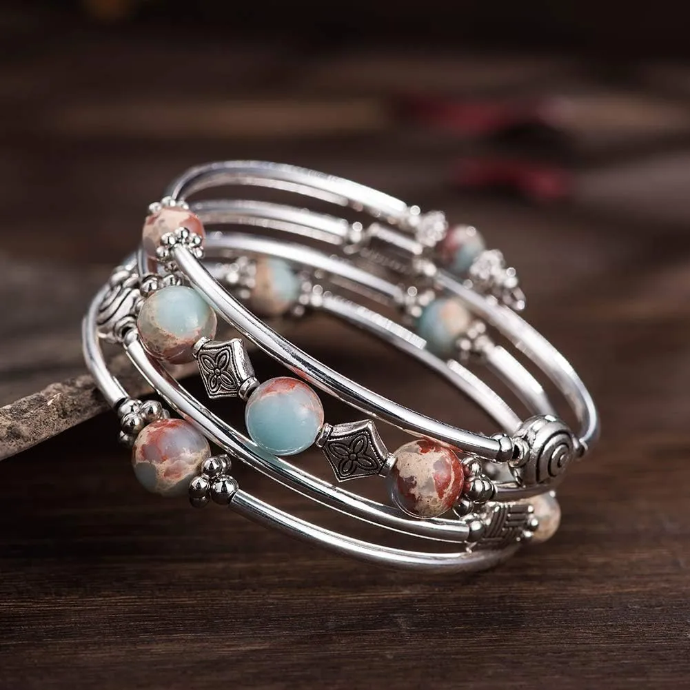 Beaded Pearl Bangle Wrap Bracelet - Fashion Bohemian Jewelry Multilayer Charm Bracelet with Thick Silver Metal Beads, Gift For Women