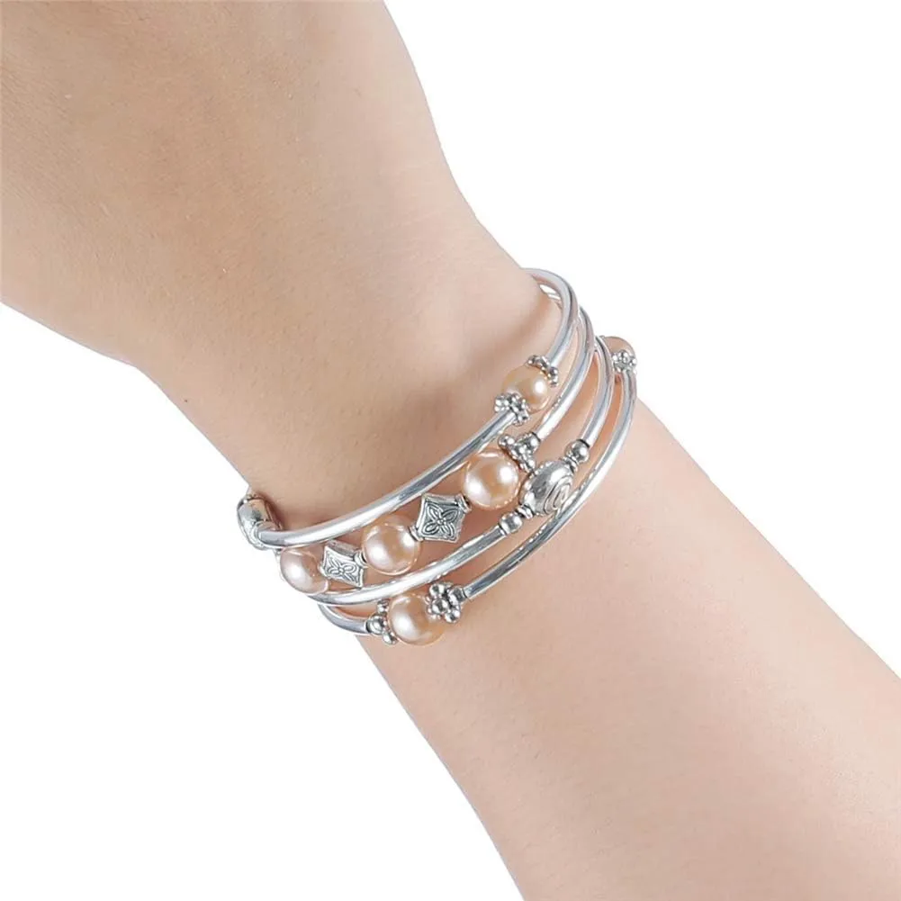 Beaded Pearl Bangle Wrap Bracelet - Fashion Bohemian Jewelry Multilayer Charm Bracelet with Thick Silver Metal Beads, Gift For Women