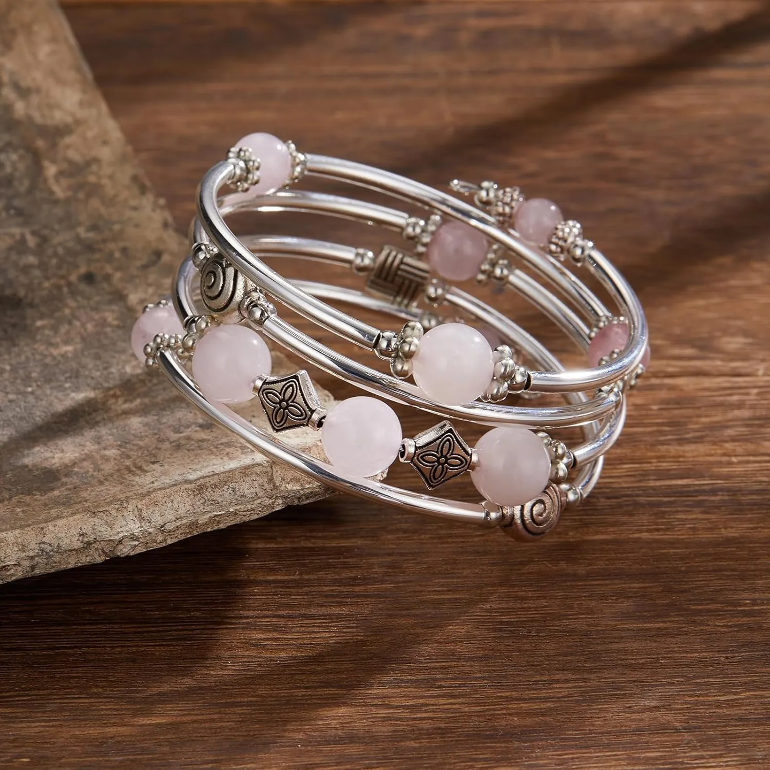 Beaded Pearl Bangle Wrap Bracelet - Fashion Bohemian Jewelry Multilayer Charm Bracelet with Thick Silver Metal Beads, Gift For Women
