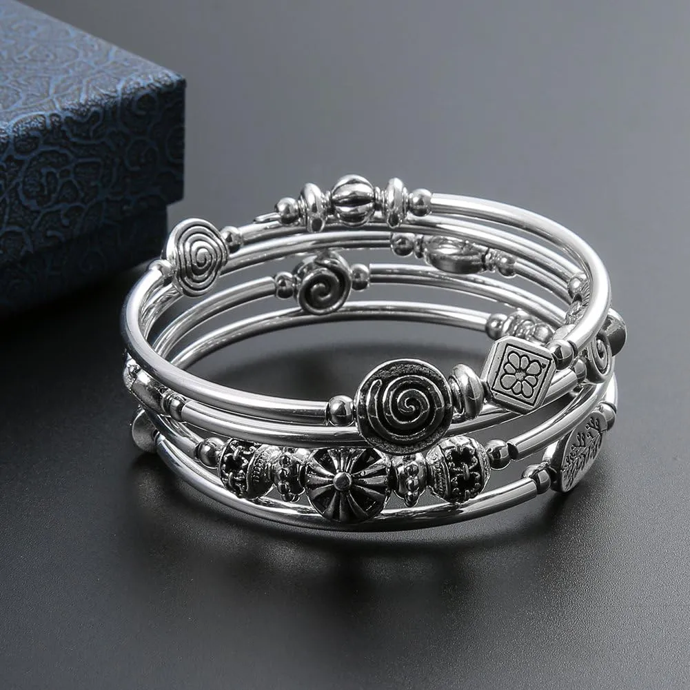 Beaded Pearl Bangle Wrap Bracelet - Fashion Bohemian Jewelry Multilayer Charm Bracelet with Thick Silver Metal Beads, Gift For Women