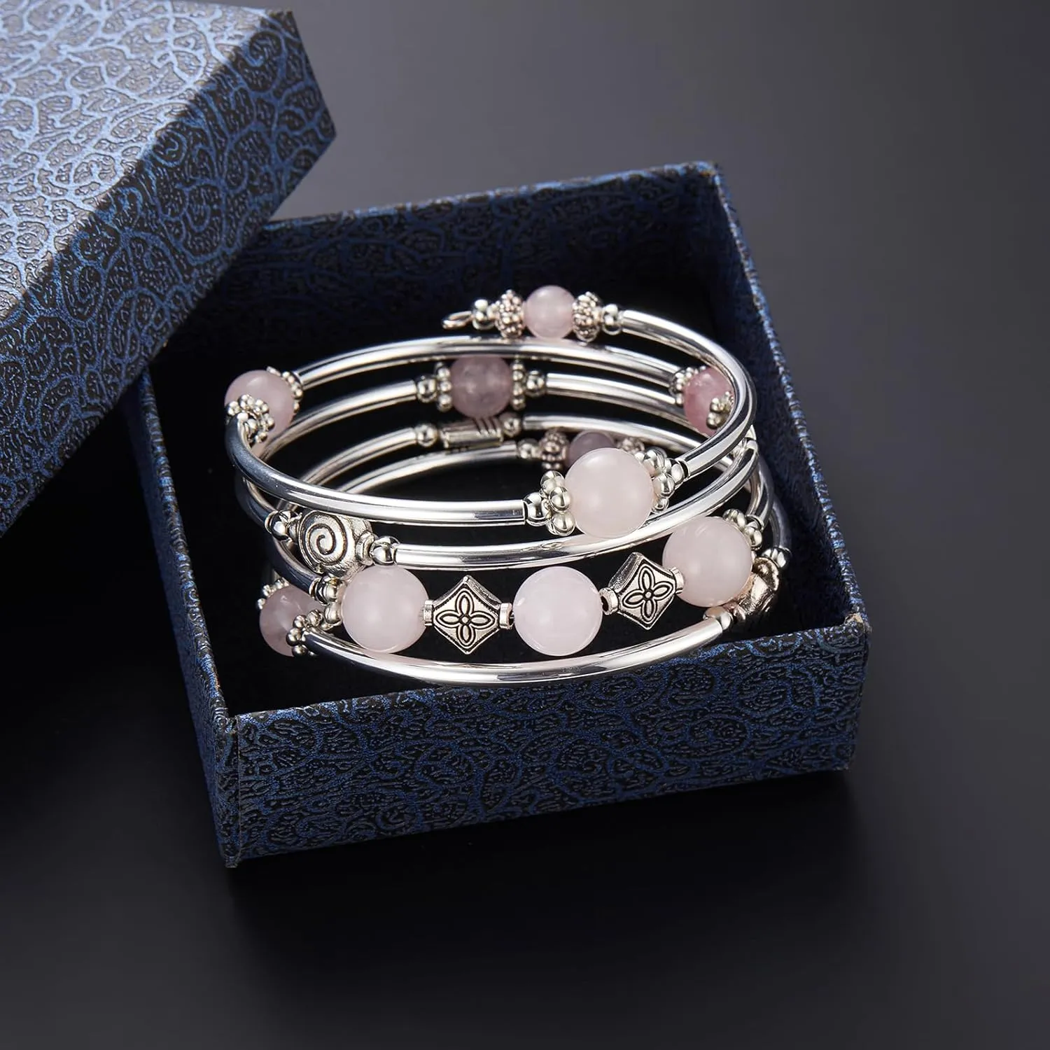 Beaded Pearl Bangle Wrap Bracelet - Fashion Bohemian Jewelry Multilayer Charm Bracelet with Thick Silver Metal Beads, Gift For Women