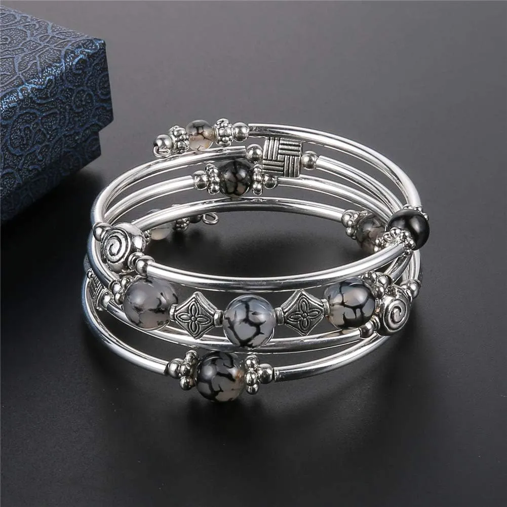Beaded Pearl Bangle Wrap Bracelet - Fashion Bohemian Jewelry Multilayer Charm Bracelet with Thick Silver Metal Beads, Gift For Women