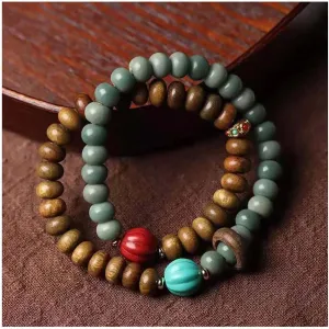 Beautiful Double Beaded Buddha Bracelet Green Sandalwood with Bodhi Stretch Bracelet Meditation Prayer Mala Beads