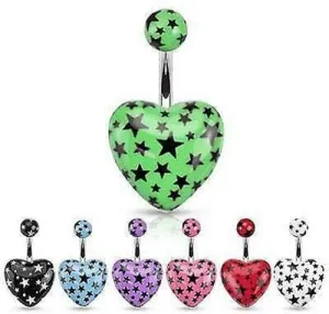 Belly Button Ring Heart Navel Ring - Acrylic Heart Multi Star Print 14g 3/8" blu