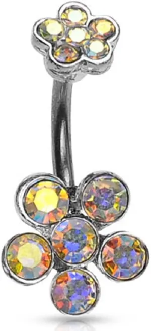 Belly Button Ring Navel Ring w/Double 6-Gem Flower 14 Gauge