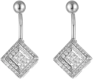 Belly Button Rings 14 Gauge Surgical Steel, 2pcs Dangle Navel Rings Silver Cubic Zirconia Studs Belly Button Ring Simple Rhombus