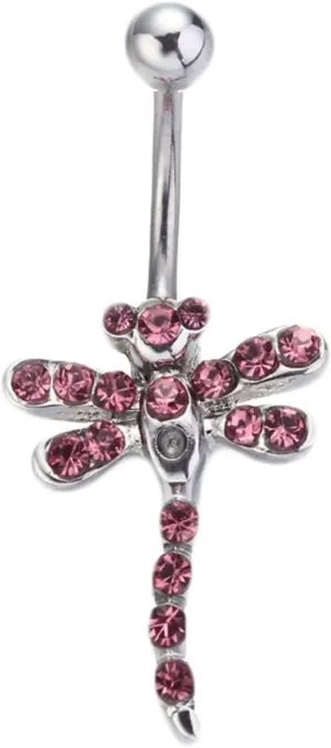 Belly Rings Dangling for Women, Belly Button Ring 316L Surgical Steel Navel Ring Stainless Steel Dragonfly Shape with Pink Cz