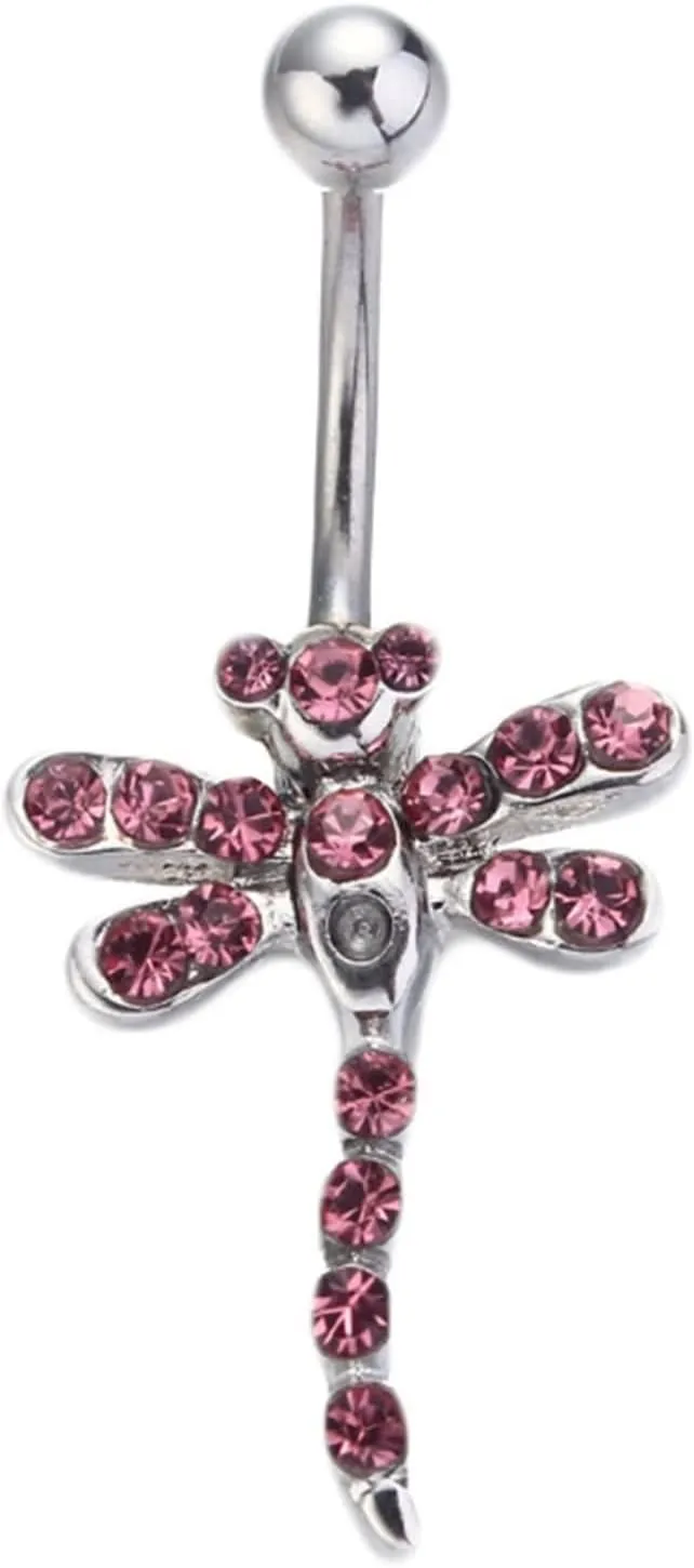 Belly Rings Dangling for Women, Belly Button Ring 316L Surgical Steel Navel Ring Stainless Steel Dragonfly Shape with Pink Cz
