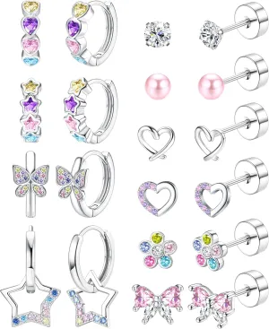 BESTEEL Hypoallergenic Silver Stud Hoop Earrings for Girls Women Surgical Steel Flatback Earrings Cute Kids Earring Pink Colorful CZ Earrings Set Toddler Earring for Sensitive Ears Age over 4 years old