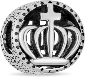 BFF Best Friends Friendship Irish Royal Crown Cross Celtic Claddagh Bead Charm For Women Teen Oxidized .925 Sterling Silver Fits European Bracelet