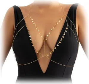 Bikini Multi-layered Sequin Tassel Bra Body Chain Necklace Sexy Crossover Harness Sequins Chest Chain Summer Beach Thin Waist Belly Chain Jewelry for Women