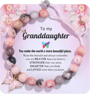 Birthday Bracelet Gift for Girls 6-13 Years Old, Pink Zebra Natural Stone Butterfly Charm Bracelet for Daughter Granddaughter Niece Teenage Girl Birthday Gift