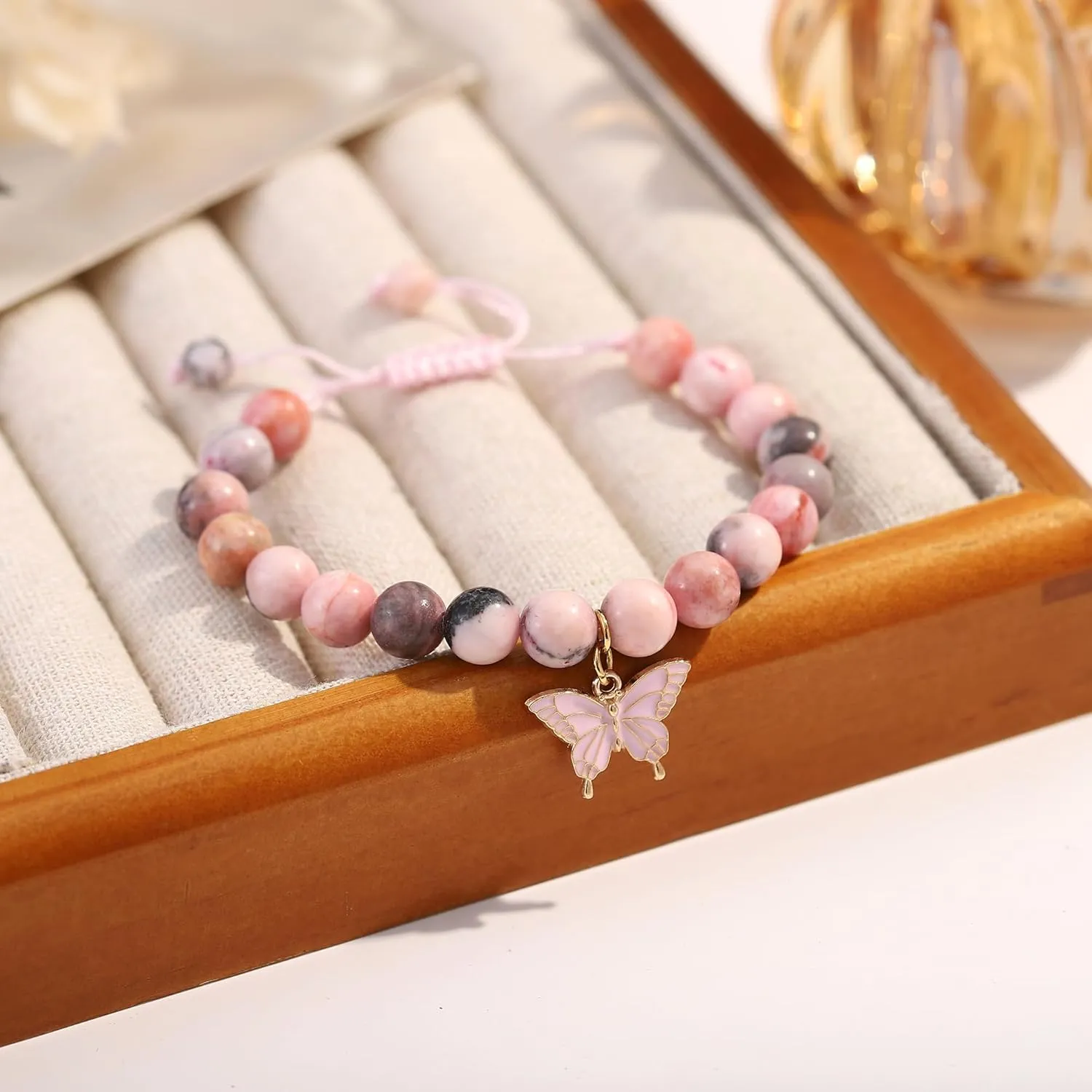 Birthday Bracelet Gift for Girls 6-13 Years Old, Pink Zebra Natural Stone Butterfly Charm Bracelet for Daughter Granddaughter Niece Teenage Girl Birthday Gift