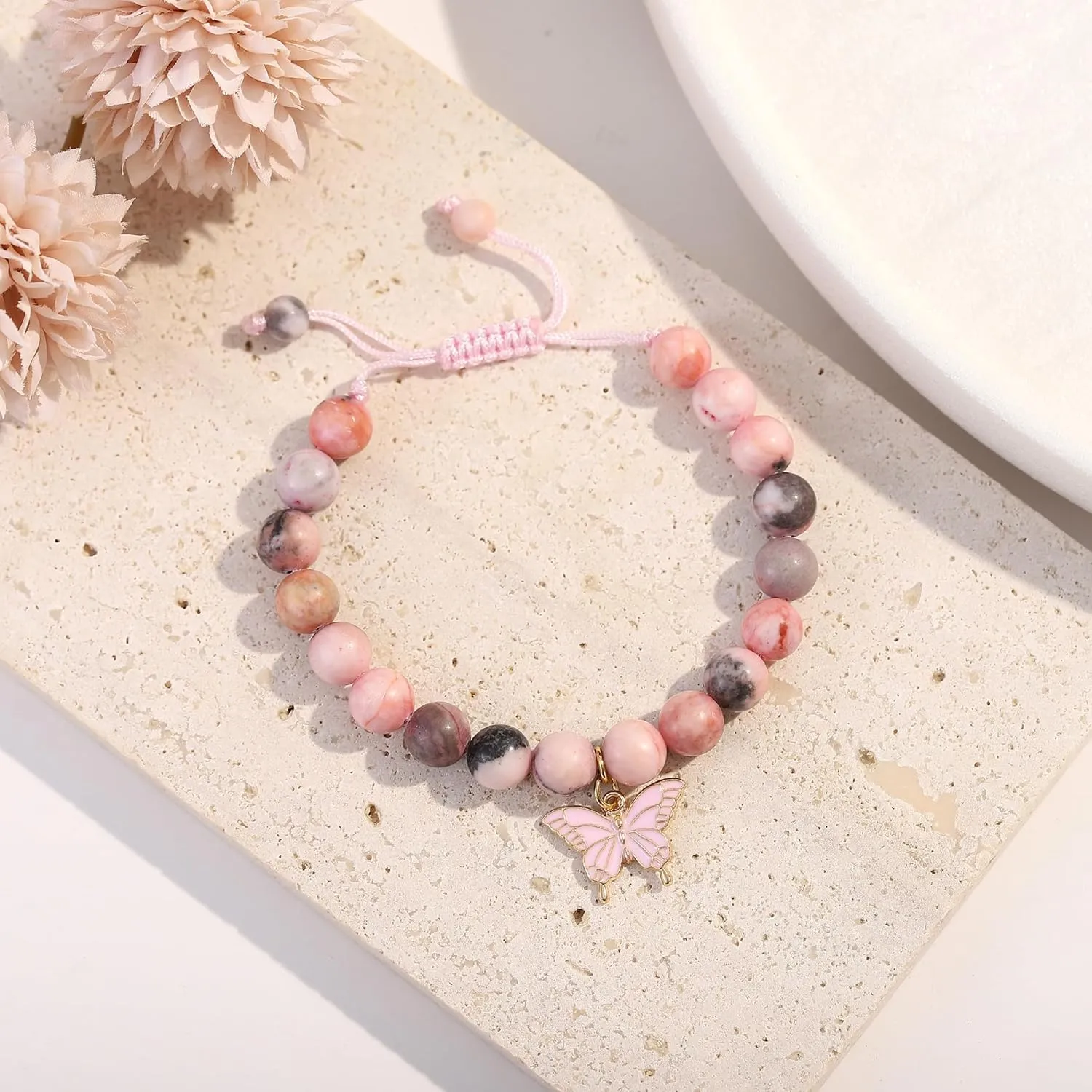 Birthday Bracelet Gift for Girls 6-13 Years Old, Pink Zebra Natural Stone Butterfly Charm Bracelet for Daughter Granddaughter Niece Teenage Girl Birthday Gift