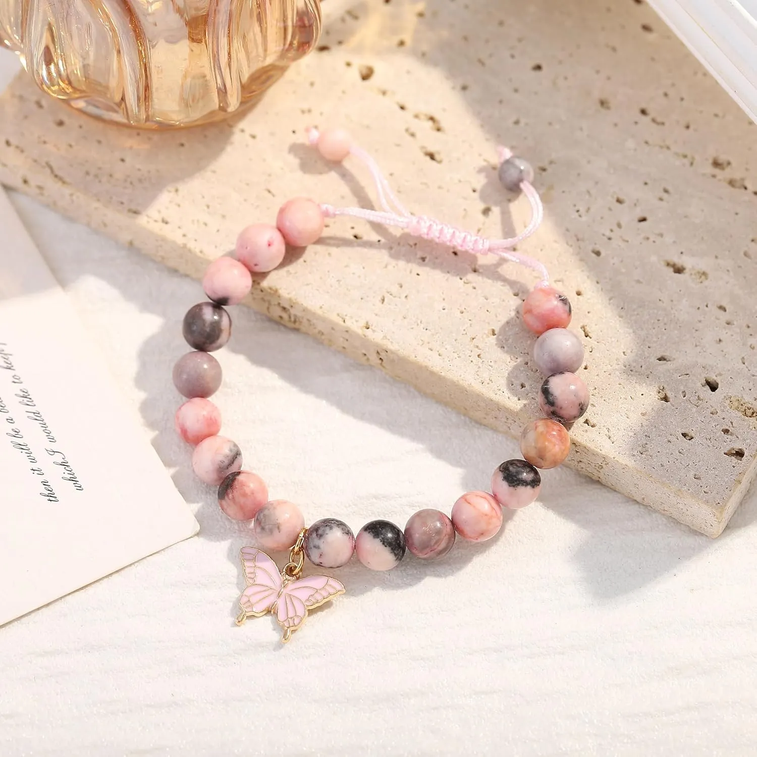 Birthday Bracelet Gift for Girls 6-13 Years Old, Pink Zebra Natural Stone Butterfly Charm Bracelet for Daughter Granddaughter Niece Teenage Girl Birthday Gift