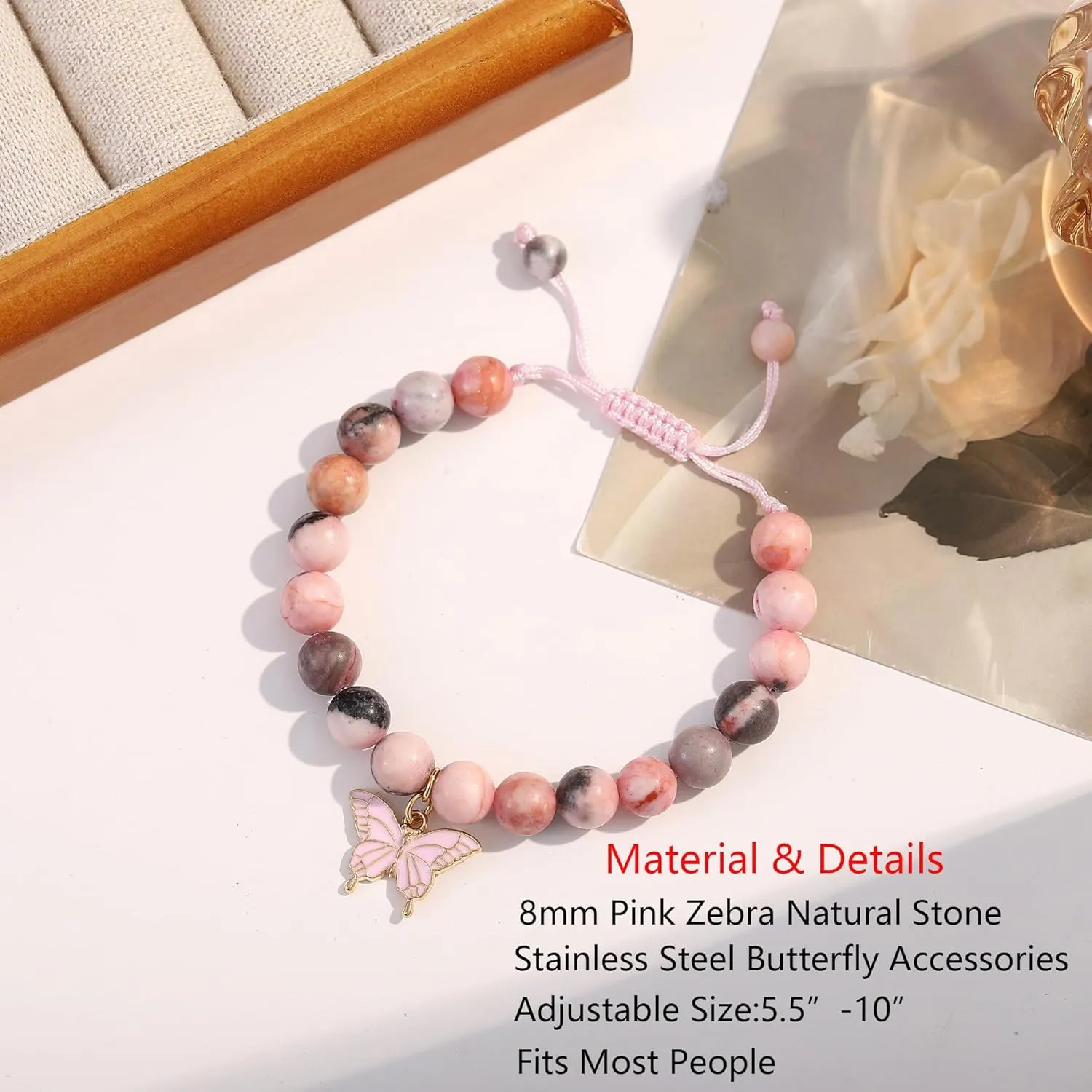Birthday Bracelet Gift for Girls 6-13 Years Old, Pink Zebra Natural Stone Butterfly Charm Bracelet for Daughter Granddaughter Niece Teenage Girl Birthday Gift