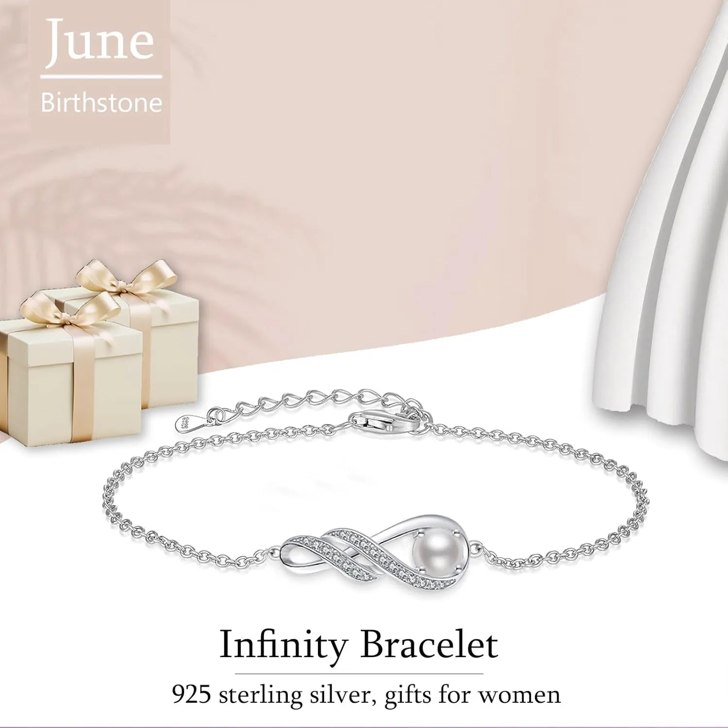 Birthstone Bracelets for Women Girls 925 Sterling Silver White Gold Infinity Pendant Anniversary Birthday Gifts Jewelry for Her, 6.7" 1.2"