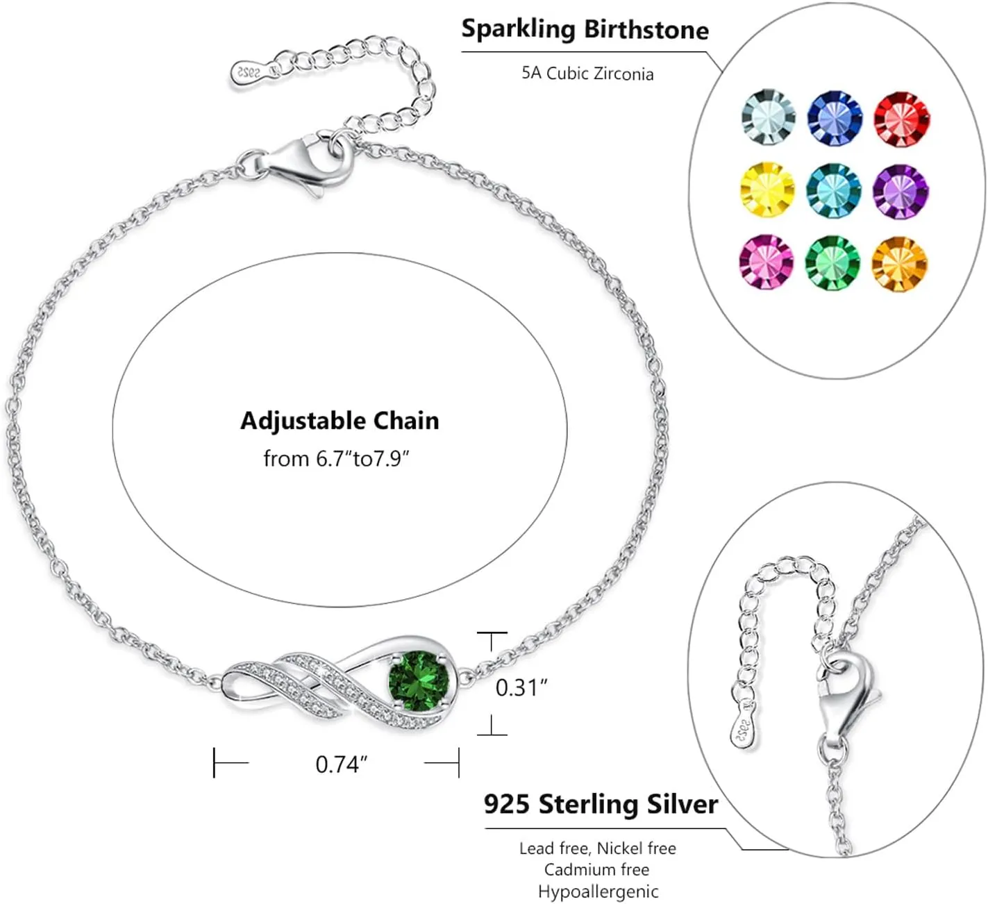 Birthstone Bracelets for Women Girls 925 Sterling Silver White Gold Infinity Pendant Anniversary Birthday Gifts Jewelry for Her, 6.7" 1.2"