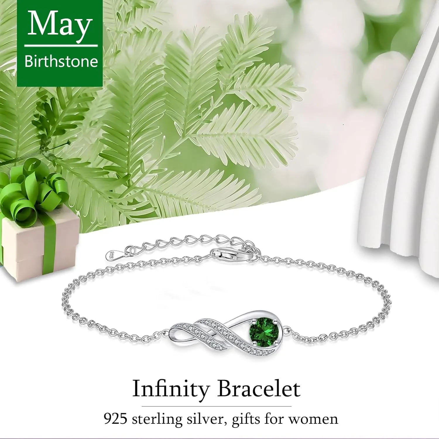 Birthstone Bracelets for Women Girls 925 Sterling Silver White Gold Infinity Pendant Anniversary Birthday Gifts Jewelry for Her, 6.7" 1.2"
