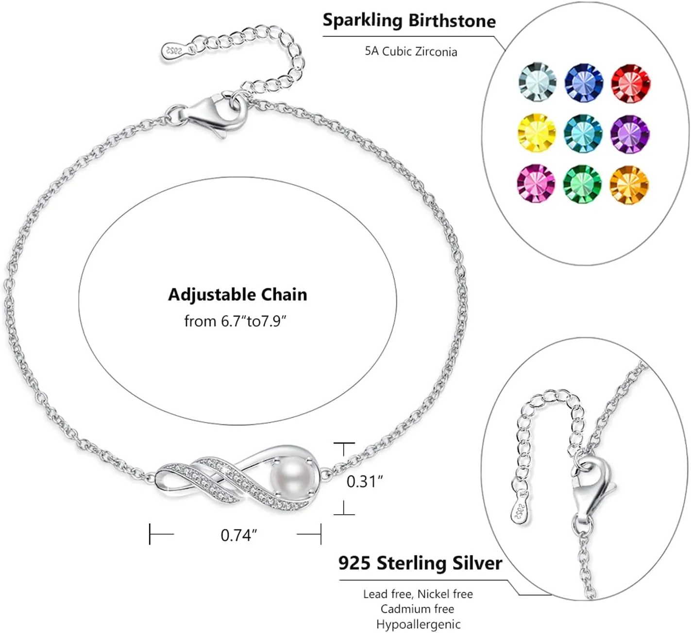 Birthstone Bracelets for Women Girls 925 Sterling Silver White Gold Infinity Pendant Anniversary Birthday Gifts Jewelry for Her, 6.7" 1.2"