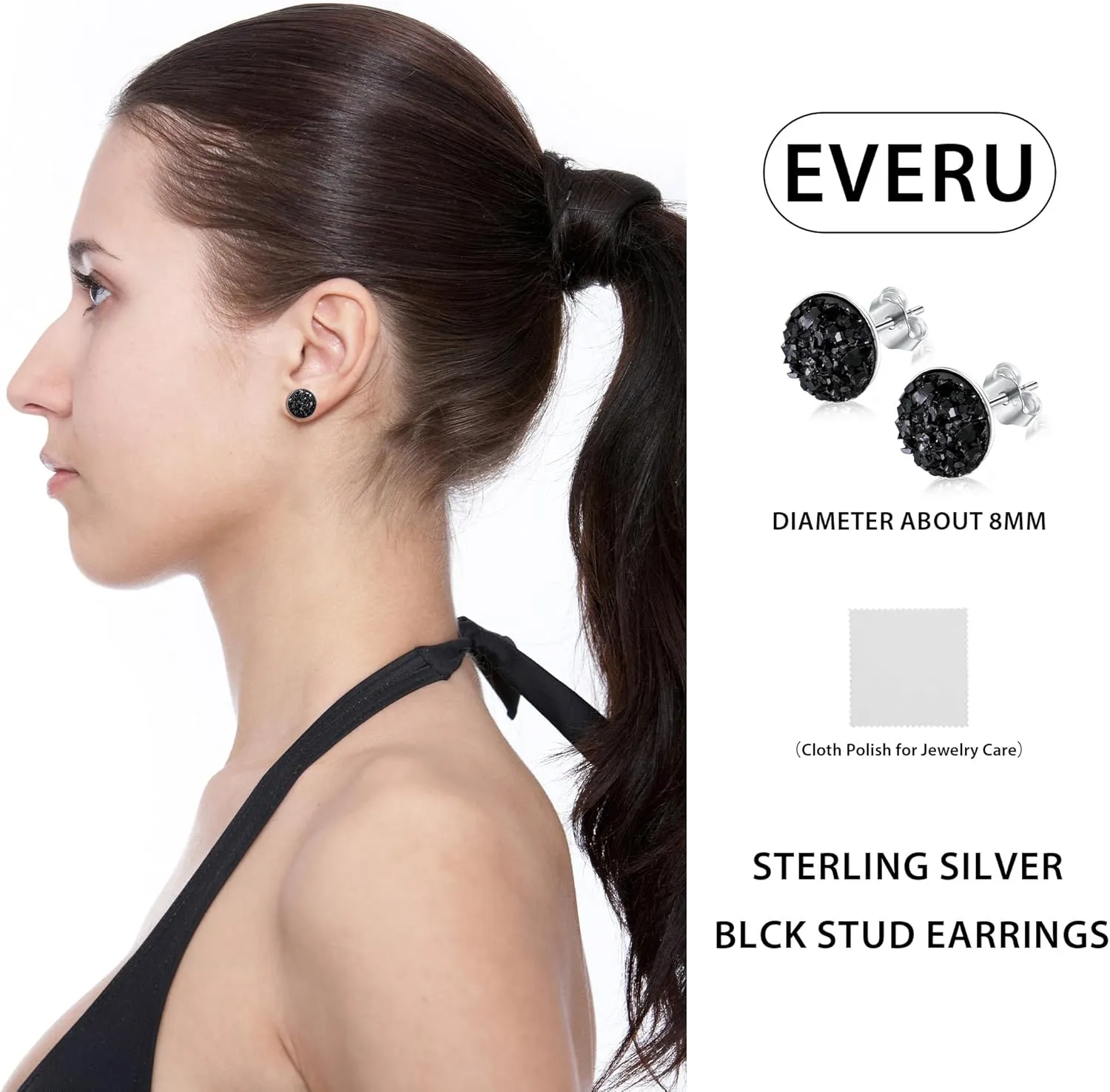 Black Earrings for Women, 925 Sterling Silver Black Stud Earrings Round Druzy Earrings Hypoallergenic for Women Men, 8 Colors Options