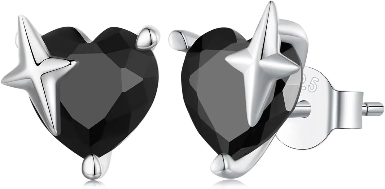 Black Heart Stud Earrings for Women Girls S925 Sterling Silver CZ Diamond Love Heart Star Small Earrings Cartilage Studs Piercing