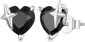 Black Heart Stud Earrings for Women Girls S925 Sterling Silver CZ Diamond Love Heart Star Small Earrings Cartilage Studs Piercing