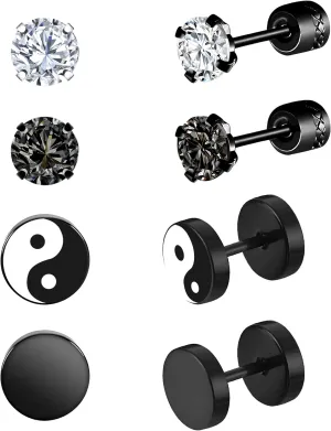 Black Stud Earrings 4 Pairs Stainless Steel Screw Back Mens Earrings Flat Back Stud Hypoallergenic Titanium Earings Nap Sleeper Jewelry for Cartilage Aritos Para Hombre