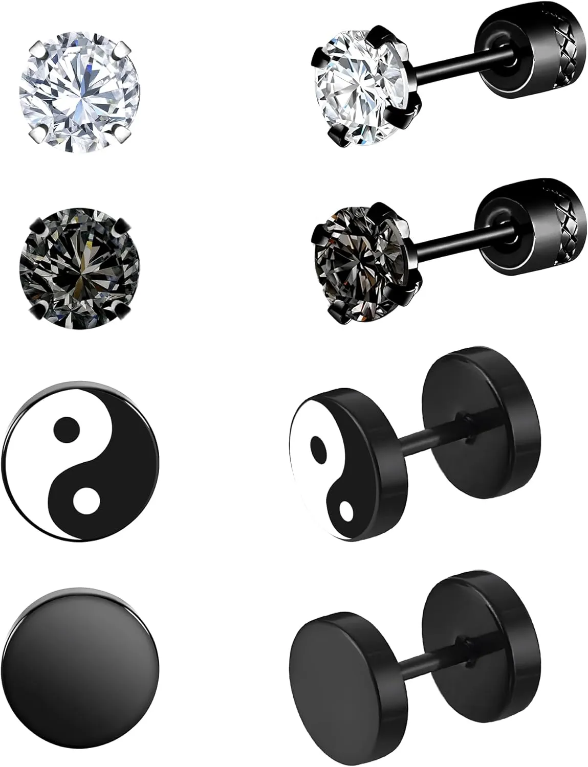 Black Stud Earrings 4 Pairs Stainless Steel Screw Back Mens Earrings Flat Back Stud Hypoallergenic Titanium Earings Nap Sleeper Jewelry for Cartilage Aritos Para Hombre