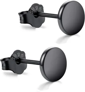 Black Stud Earrings for women 925 Sterling Silver Dot Studs 3mm-8mm Options, Flat Round Disc Earring for men Hypoallergenic Jewelry