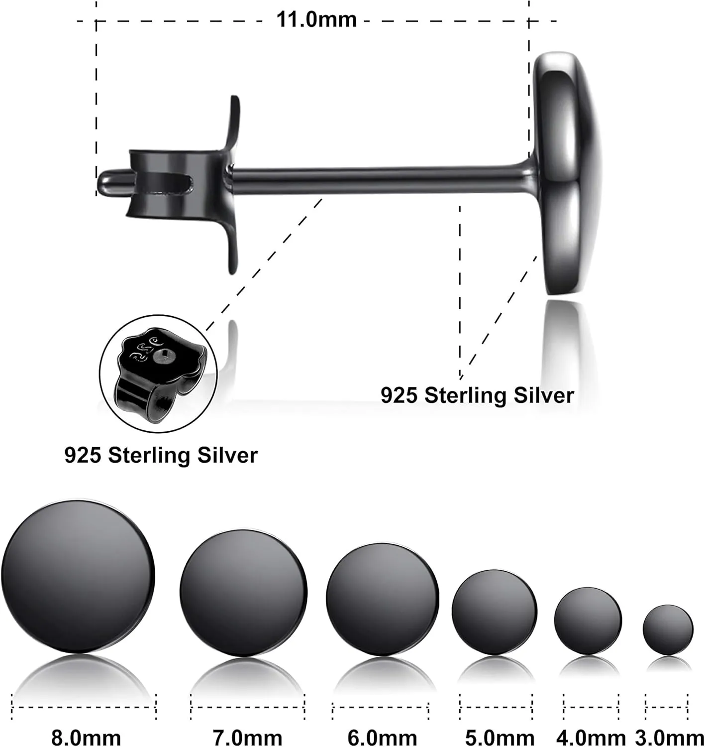Black Stud Earrings for women 925 Sterling Silver Dot Studs 3mm-8mm Options, Flat Round Disc Earring for men Hypoallergenic Jewelry