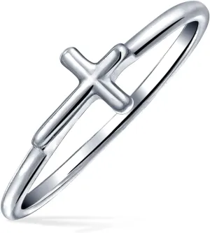 Bling Jewelry Minimalist Simple Midi Knuckle Thin 1MM Band Stackable Religious Sideways Cross Ring For Teen Yellow 14K Gold Plated .925 Sterling Silver