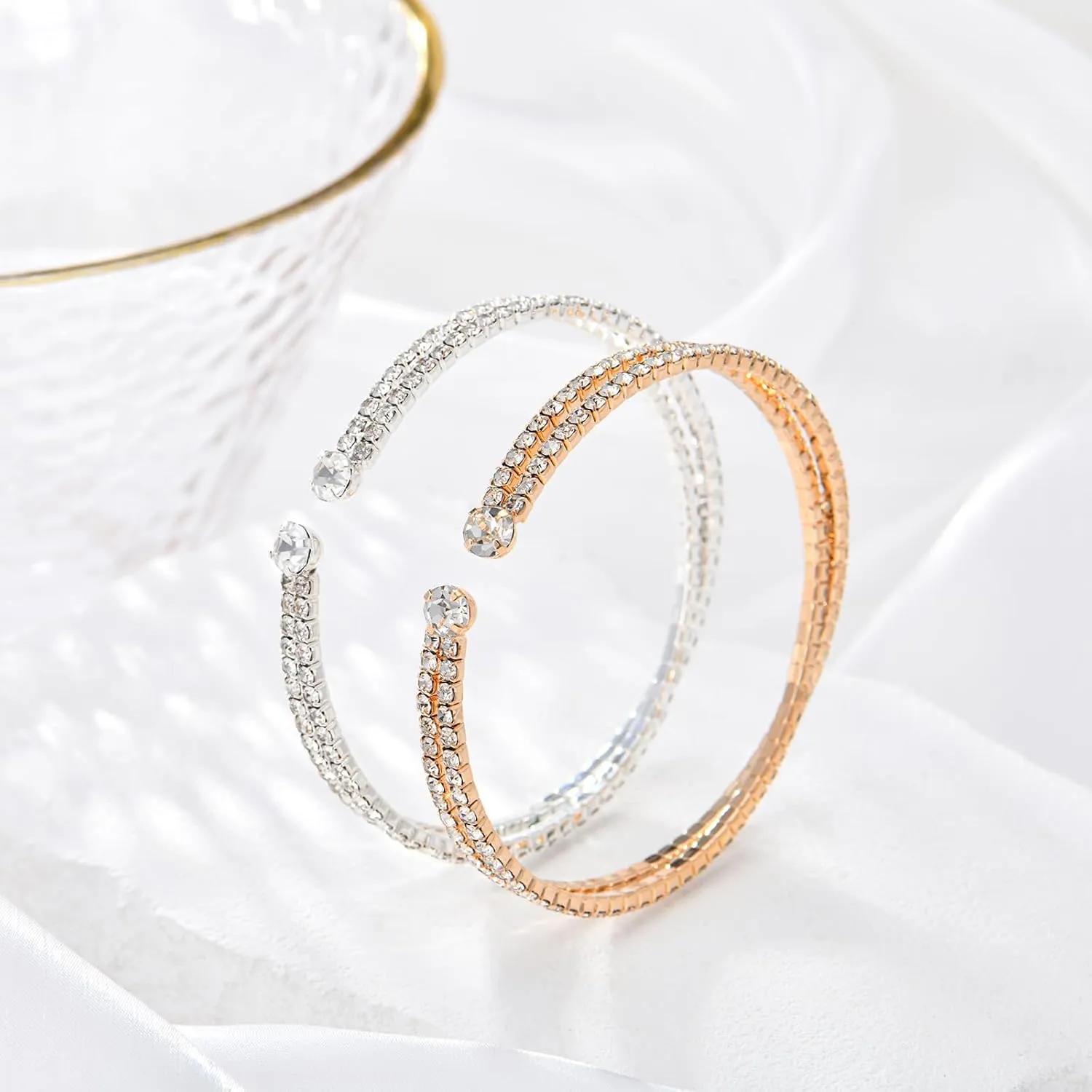 Bling Multi-layer Bridal Crystal Rhinestone Cuff Bracelet Adjustable Bangle for Women Jewelry Gift Wedding Formal Prom Party