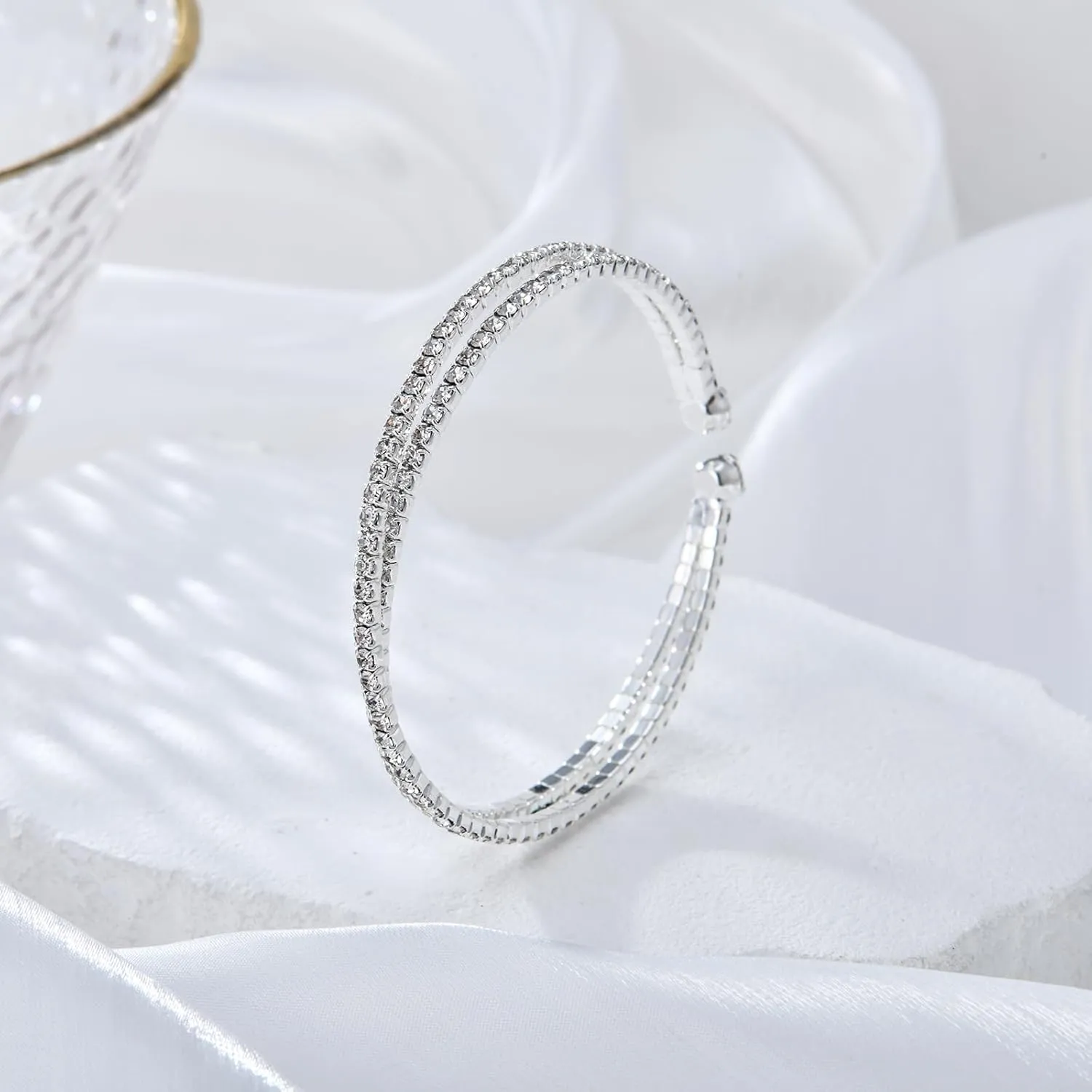 Bling Multi-layer Bridal Crystal Rhinestone Cuff Bracelet Adjustable Bangle for Women Jewelry Gift Wedding Formal Prom Party