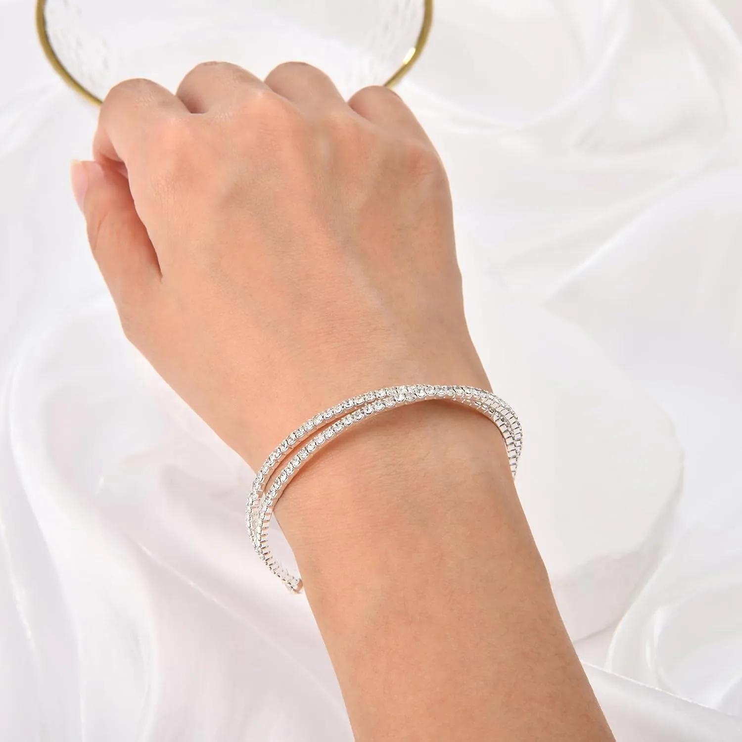 Bling Multi-layer Bridal Crystal Rhinestone Cuff Bracelet Adjustable Bangle for Women Jewelry Gift Wedding Formal Prom Party