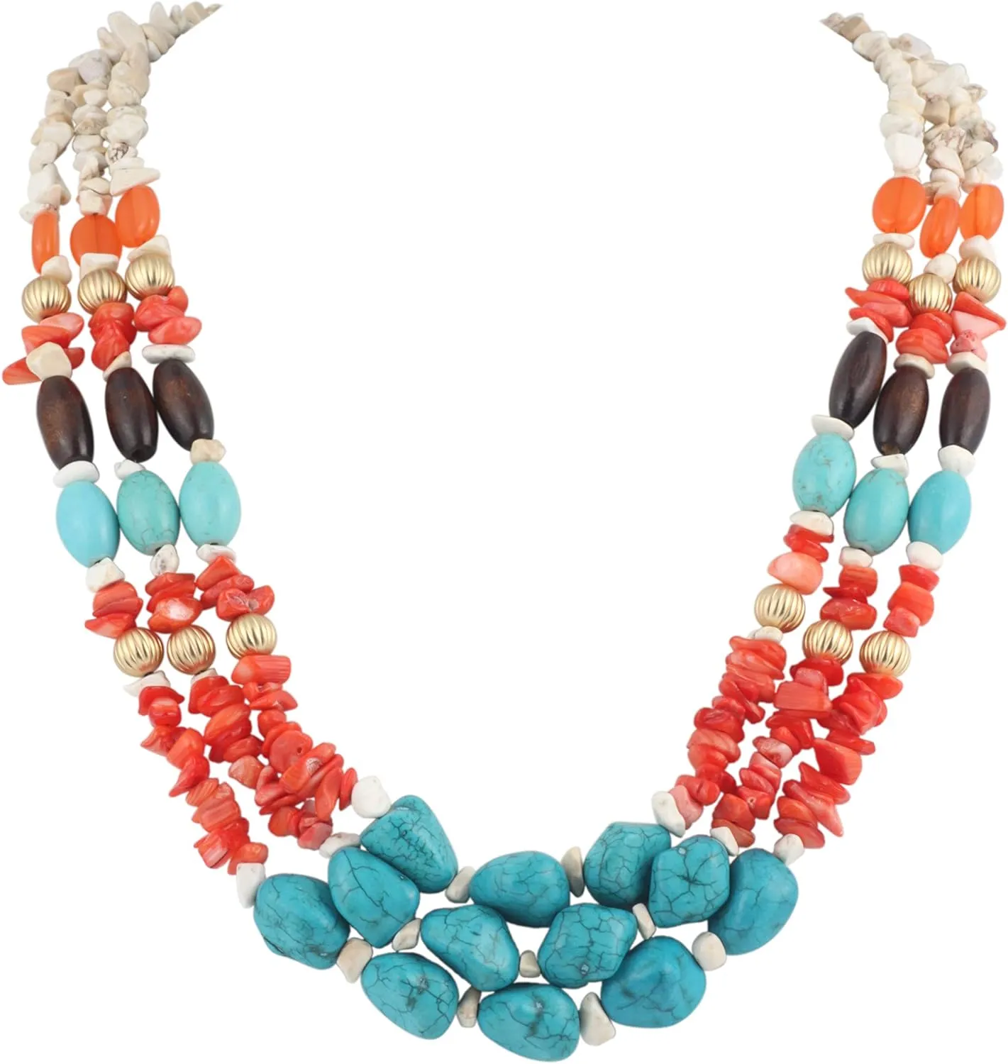 BOCAR 3 Layer Turquoise Gravel Beaded Necklace Colorful 26" Strand Necklace