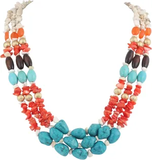 BOCAR 3 Layer Turquoise Gravel Beaded Necklace Colorful 26" Strand Necklace