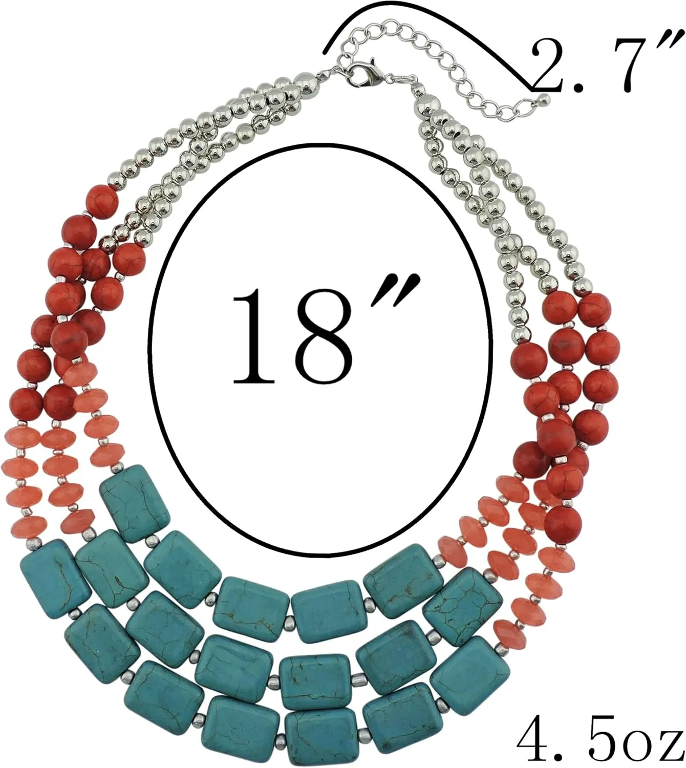 Bocar Statement 3 Strand Turquoise Colorful Chunky Necklace for Women Gifts